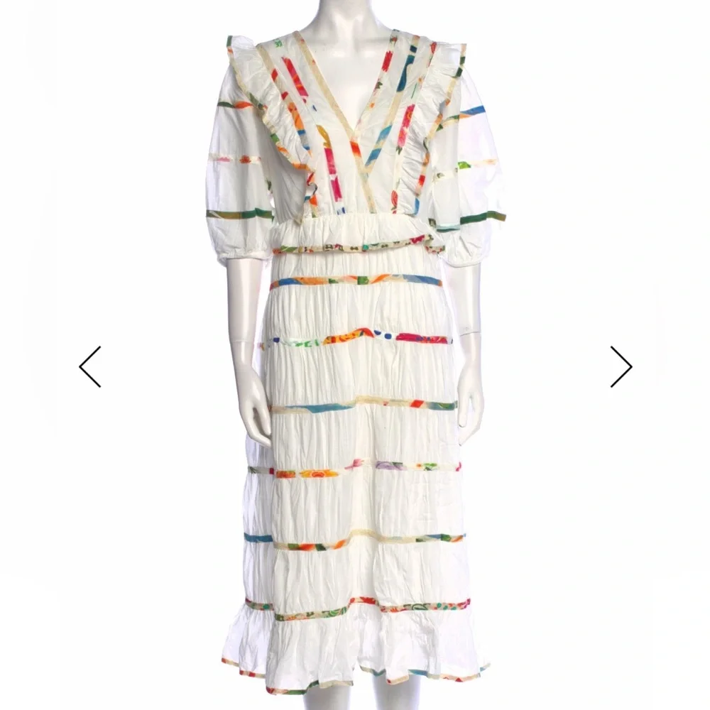 FARM Rio White Midi Dress with Multicolor Stripe Detail - Picture 1 of 10